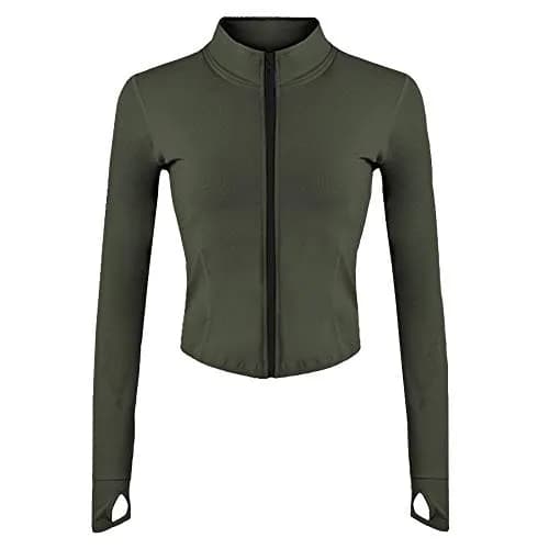 Gihuo Women's Athletic Full Zip Lightweight Workout Jacket Cropped ArmyGreen XS | Slim Fit with Thumb Holes thumbnail 1