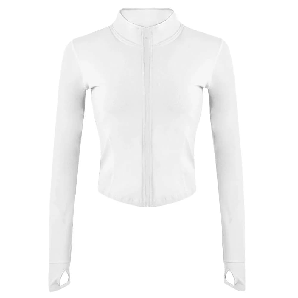 Gihuo Women's Athletic Full Zip Lightweight Workout Jacket Cropped with Thumb Holes (Black-XS) | Slim Fit, Breathable & Versatile — White