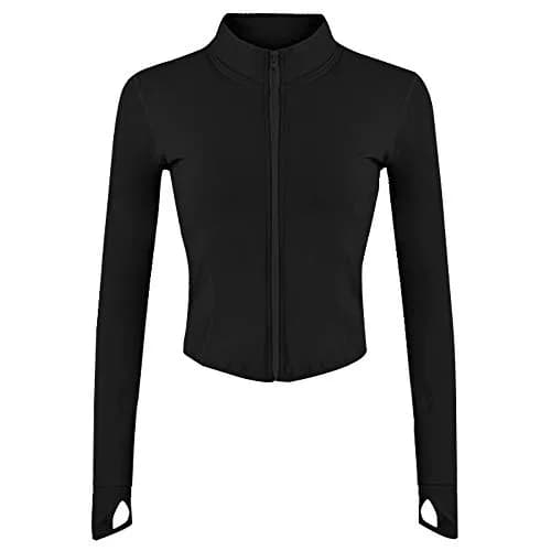 Gihuo Women's Athletic Full Zip Lightweight Workout Jacket Cropped with Thumb Holes (Black-XS) | Slim Fit, Breathable & Versatile thumbnail 1