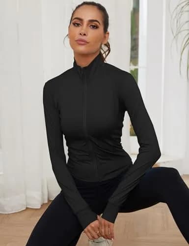 Gihuo Women's Athletic Full Zip Lightweight Workout Jacket Cropped with Thumb Holes (Black-XS) | Slim Fit, Breathable & Versatile thumbnail 3