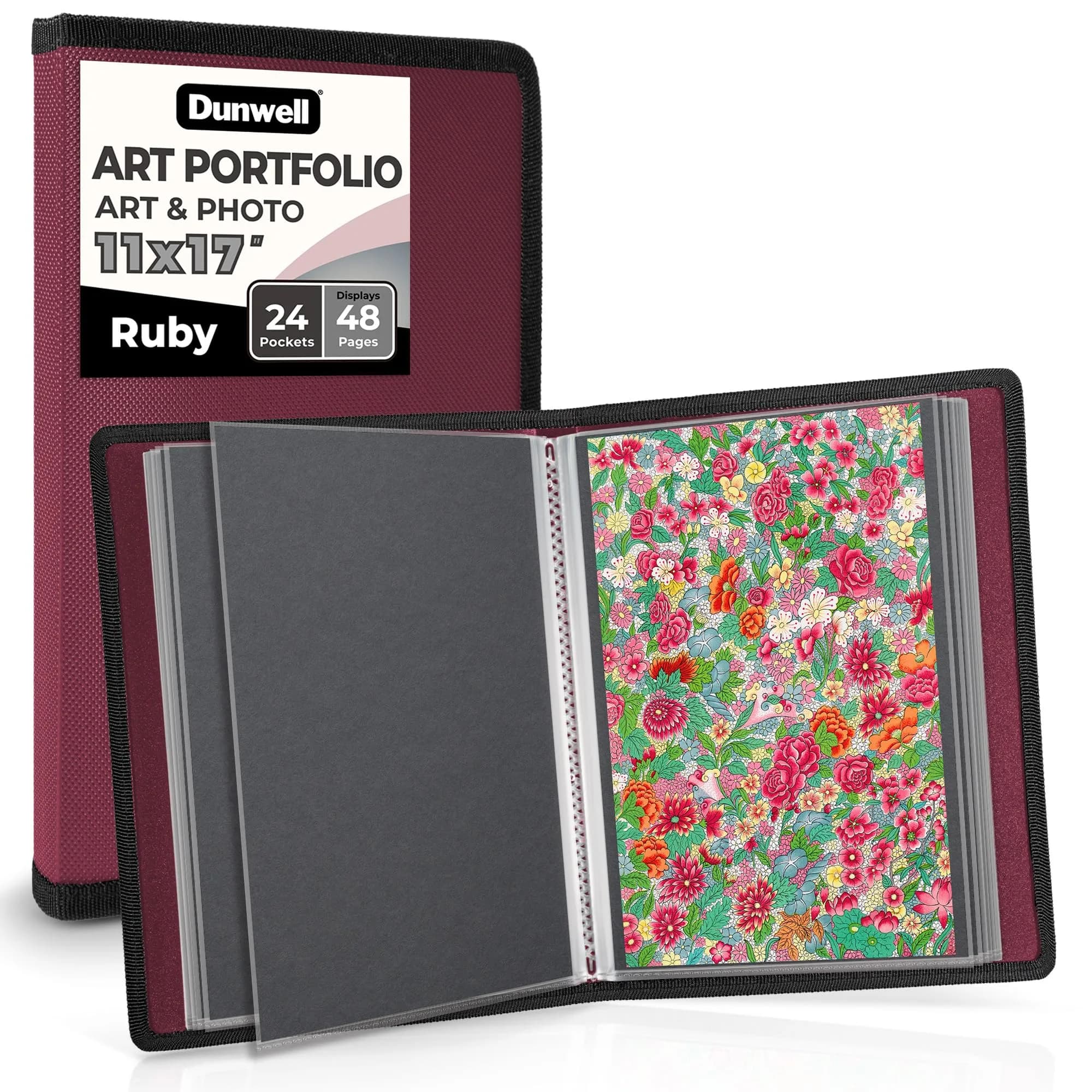 Dunwell 11x17 Art Portfolio Binder with 24 Sleeves and Black Mounting Paper | Displays 48 Pages — Ruby