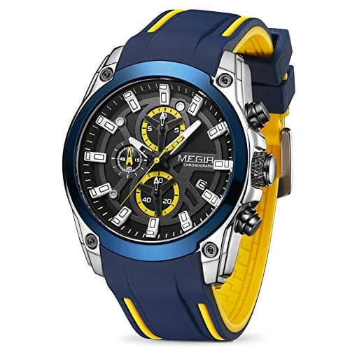 MEGIR Men's Analogue Sport Chronograph Quartz Watch, Blue | Water-Resistant, Luminous, 46.5mm Dial thumbnail 1