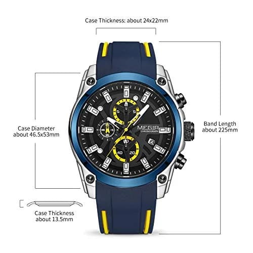 MEGIR Men's Analogue Sport Chronograph Quartz Watch, Blue | Water-Resistant, Luminous, 46.5mm Dial thumbnail 4