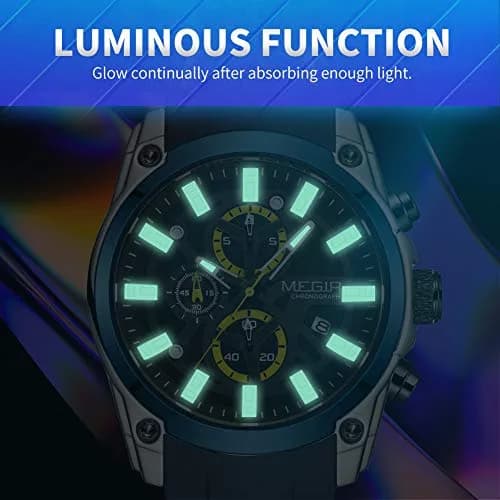MEGIR Men's Analogue Sport Chronograph Quartz Watch, Blue | Water-Resistant, Luminous, 46.5mm Dial thumbnail 5