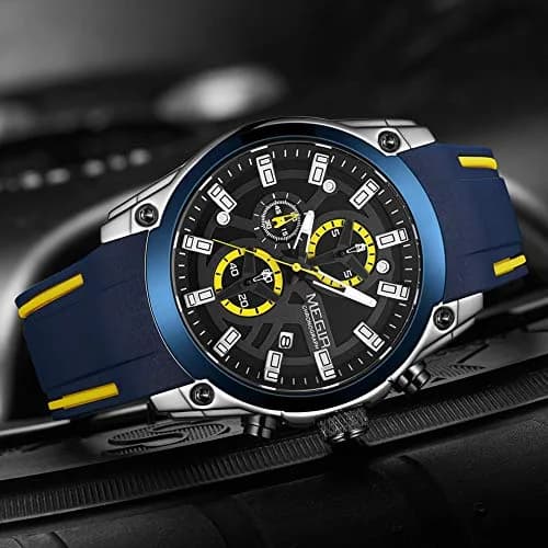 MEGIR Men's Analogue Sport Chronograph Quartz Watch, Blue | Water-Resistant, Luminous, 46.5mm Dial thumbnail 7
