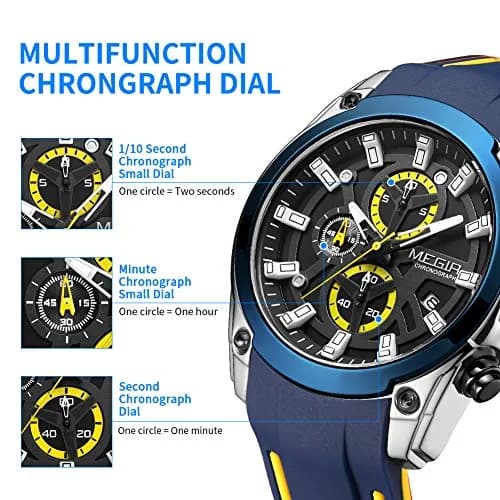 MEGIR Men's Analogue Sport Chronograph Quartz Watch, Blue | Water-Resistant, Luminous, 46.5mm Dial thumbnail 2