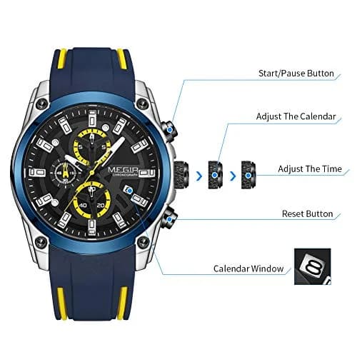 MEGIR Men's Analogue Sport Chronograph Quartz Watch, Blue | Water-Resistant, Luminous, 46.5mm Dial thumbnail 3
