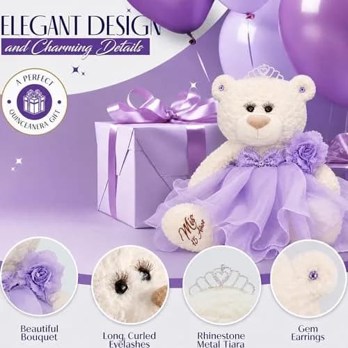Kinnex Collections by Amanda 20" Quince Anos Quinceanera Teddy Bear with Dress | Elegant Quince Centerpiece for Celebrations thumbnail 5