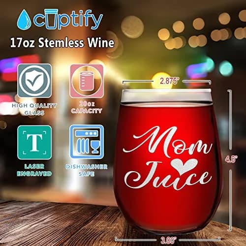 Cuptify Mom Juice 17 oz (493 ml) Stemless Wine Glass | Funny Unique Gift Idea for Women thumbnail 2