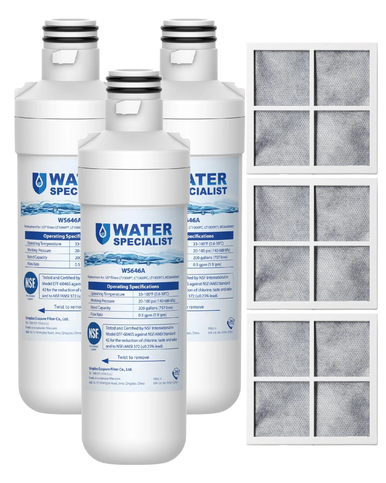 Waterspecialist LT1000PC Refrigerator Water Filter and Air Filter 6 Piece Set | NSF Certified 220V Compatible