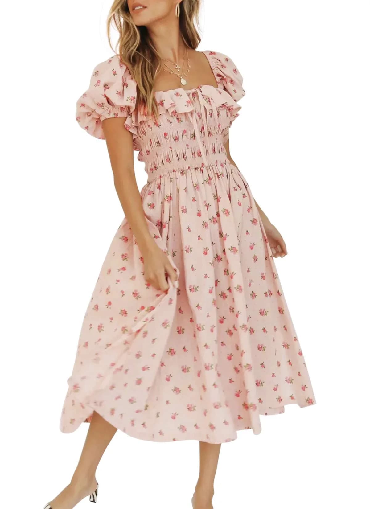 R.Vivimos Womens Summer Floral Print Puff Sleeves Midi Dress (Medium, Pink) | Vintage Ruffles, Cotton, Summer — Pink / Medium