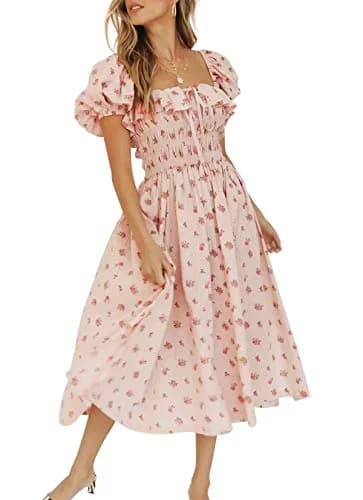 R.Vivimos Womens Summer Floral Print Puff Sleeves Midi Dress (Medium, Pink) | Vintage Ruffles, Cotton, Summer thumbnail 1