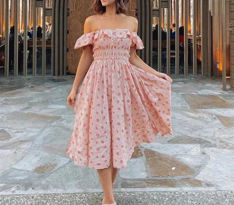 R.Vivimos Womens Summer Floral Print Puff Sleeves Midi Dress (Medium, Pink) | Vintage Ruffles, Cotton, Summer thumbnail 7