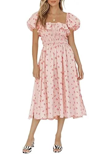 R.Vivimos Womens Summer Floral Print Puff Sleeves Midi Dress (Medium, Pink) | Vintage Ruffles, Cotton, Summer thumbnail 2