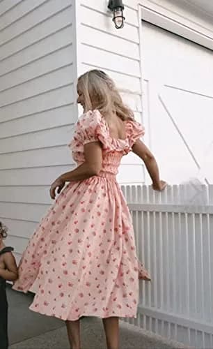 R.Vivimos Womens Summer Floral Print Puff Sleeves Midi Dress (Medium, Pink) | Vintage Ruffles, Cotton, Summer thumbnail 3