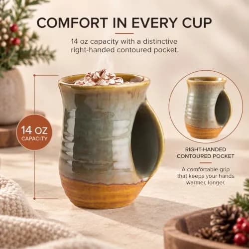 GUTE Hand Warmer Mug 404ml (14 fl oz) Dessert Green | Ceramic Pottery with Contoured Pocket for Warm Hands thumbnail 5