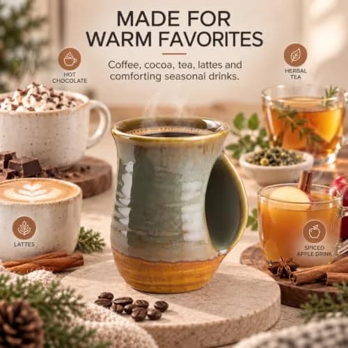 GUTE Hand Warmer Mug 404ml (14 fl oz) Dessert Green | Ceramic Pottery with Contoured Pocket for Warm Hands thumbnail 6
