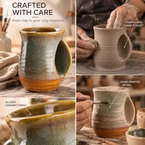 GUTE Hand Warmer Mug 404ml (14 fl oz) Dessert Green | Ceramic Pottery with Contoured Pocket for Warm Hands thumbnail 8