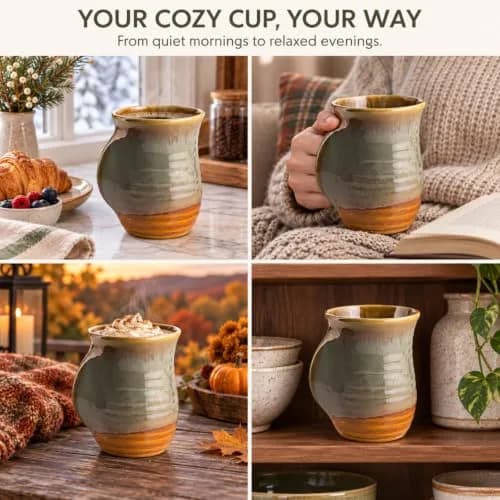 GUTE Hand Warmer Mug 404ml (14 fl oz) Dessert Green | Ceramic Pottery with Contoured Pocket for Warm Hands thumbnail 9