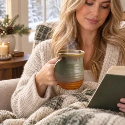 GUTE Hand Warmer Mug 404ml (14 fl oz) Dessert Green | Ceramic Pottery with Contoured Pocket for Warm Hands thumbnail 2