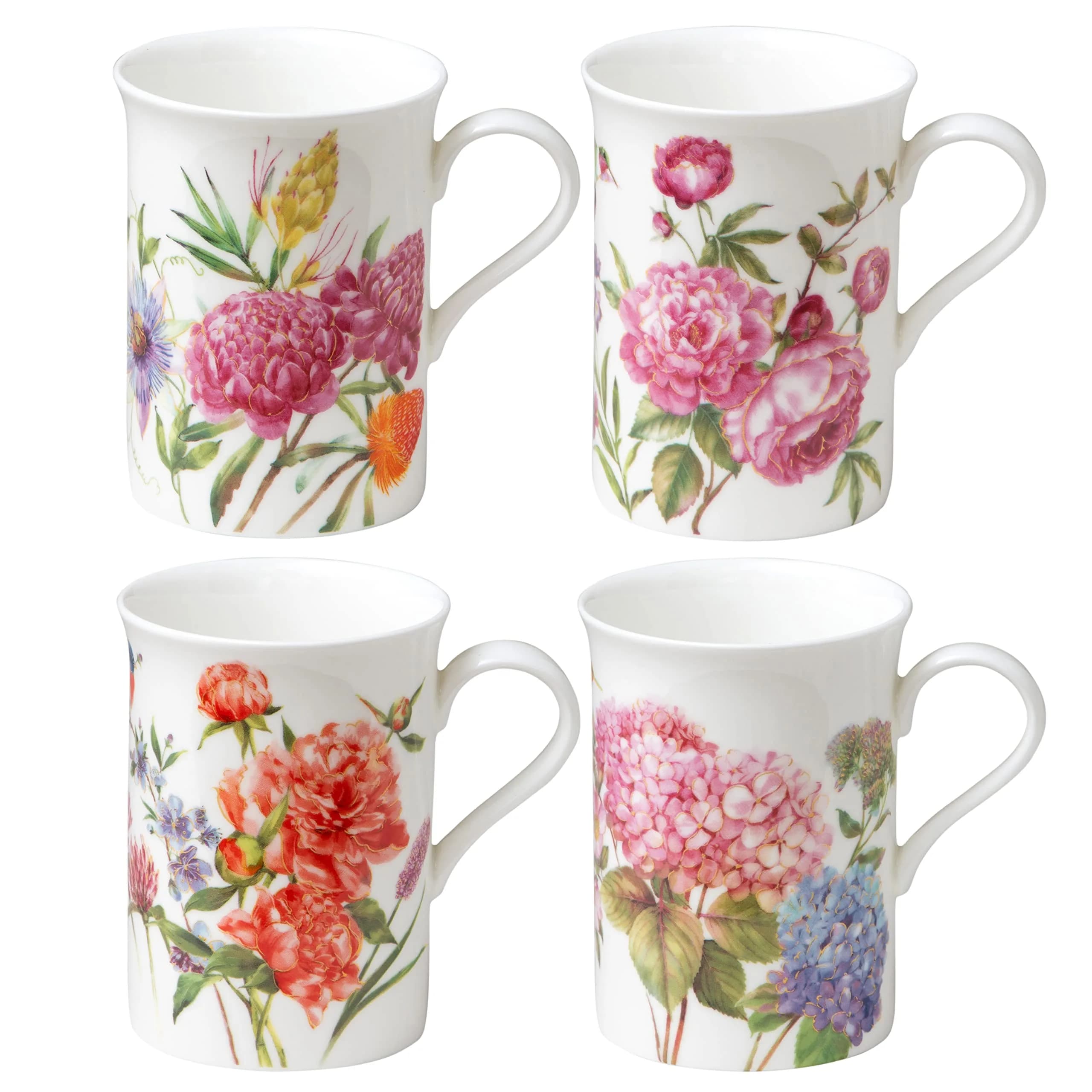 Grace Teaware Bone China Coffee Tea Mugs 9-Ounce | Assorted Set of 4 with Floral Design — Beautiful Garden