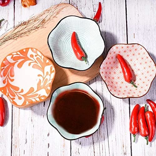 Whitenesser Ceramic Dipping Bowl Set of 4 | Assorted Geometric Floral Sauce Dishes, 4.13" thumbnail 7