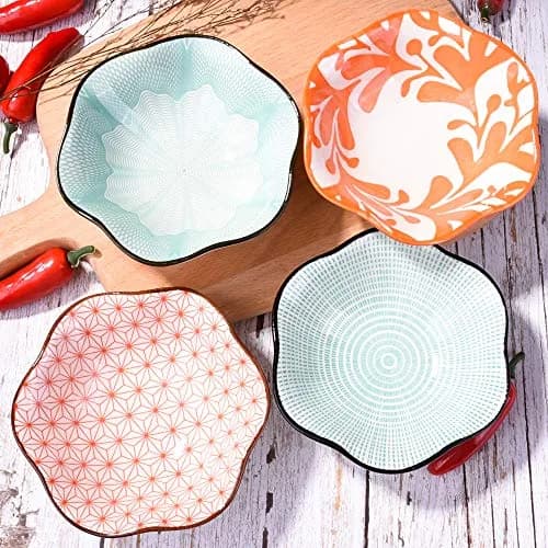 Whitenesser Ceramic Dipping Bowl Set of 4 | Assorted Geometric Floral Sauce Dishes, 4.13" thumbnail 3