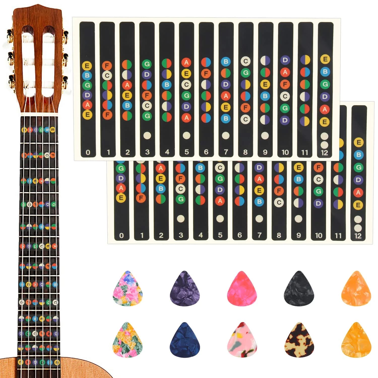 AUGSUN Guitar Fretboard Stickers with 10 Picks | Beginner Learning Tool (2-Pack) — 2-Pack