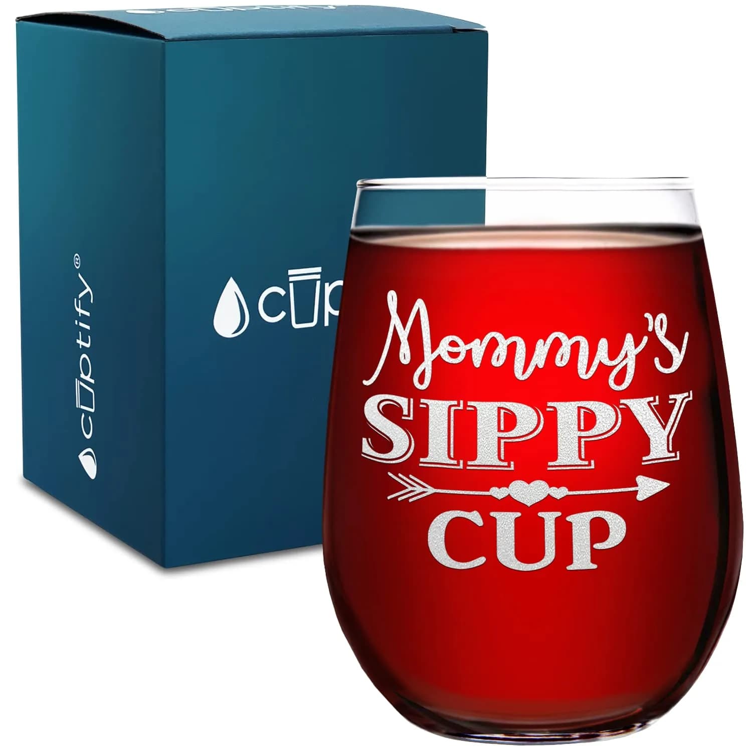 Cuptify Mommy's Sippy Cup Stemless Wine Glass 503ml (17 fl oz) | Laser Etched Heart Arrow Design