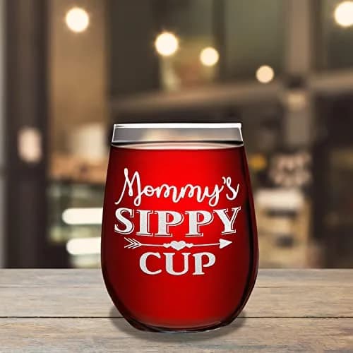Cuptify Mommy's Sippy Cup Stemless Wine Glass 503ml (17 fl oz) | Laser Etched Heart Arrow Design thumbnail 3