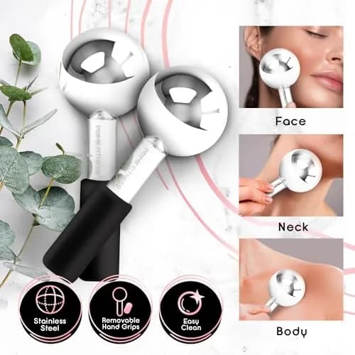 PRIME Fitness Ice Globes for Facials | Unbreakable Steel Cooling Roller | Cryo Sticks for Face Massager 2 Count (Black) thumbnail 2