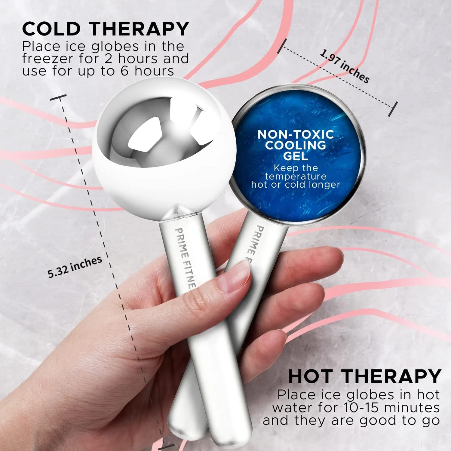 PRIME Fitness Ice Globes for Facials | Unbreakable Steel Cooling Roller | Cryo Sticks for Face Massager 2 Count (Black) - view 3