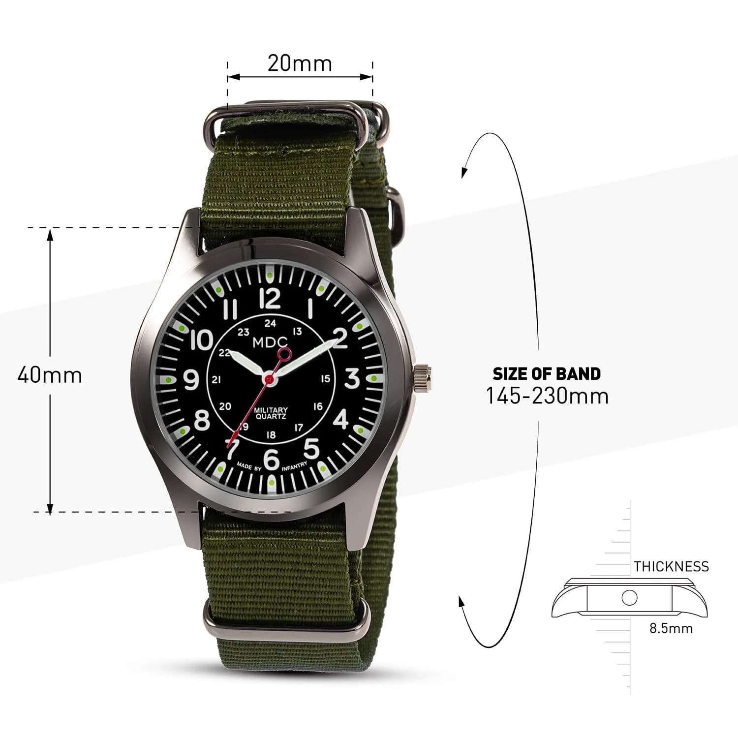 Infantry MDC Military Field Watch 40mm (1.57 inches) | Japanese Quartz, Black Dial, Green Nylon Strap - view 6