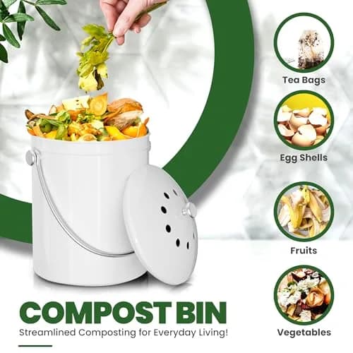 Utopia Kitchen Countertop Compost Bin 1.3 Gallon (4.9L) Stainless Steel White | Odorless Kitchen Waste Composter thumbnail 4