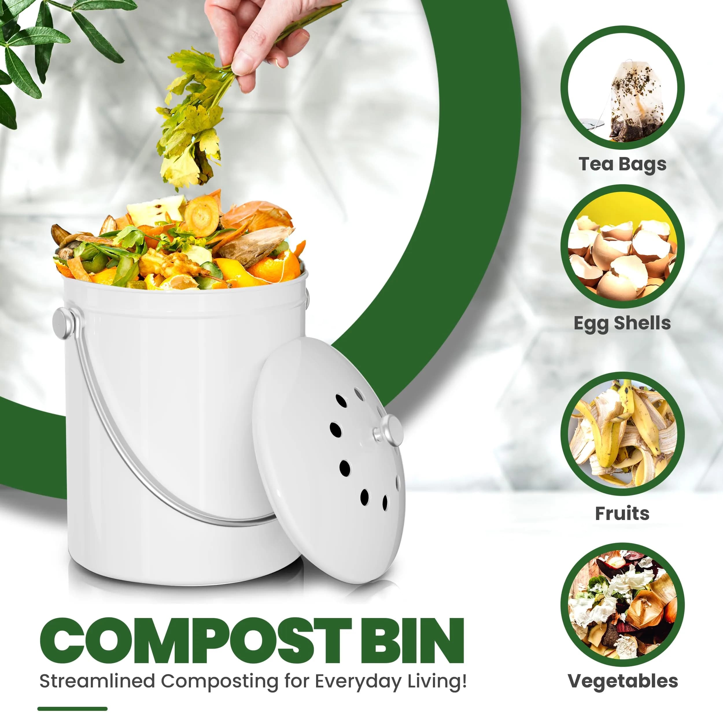 Utopia Kitchen Countertop Compost Bin 1.3 Gallon (4.9L) Stainless Steel White | Odorless Kitchen Waste Composter - view 4