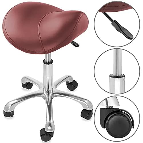 Saloniture Professional Ergonomic Saddle Stool Burgundy | 18-25.5" Height Adjustable Rolling Chair thumbnail 4