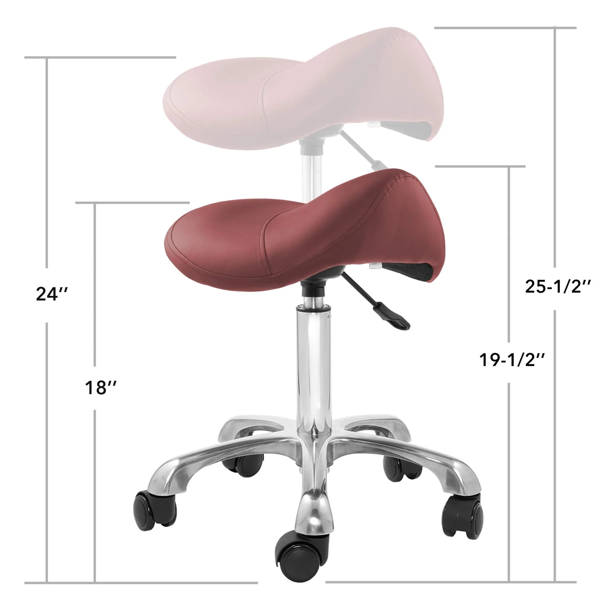 Saloniture Professional Ergonomic Saddle Stool Burgundy | 18-25.5" Height Adjustable Rolling Chair - view 5