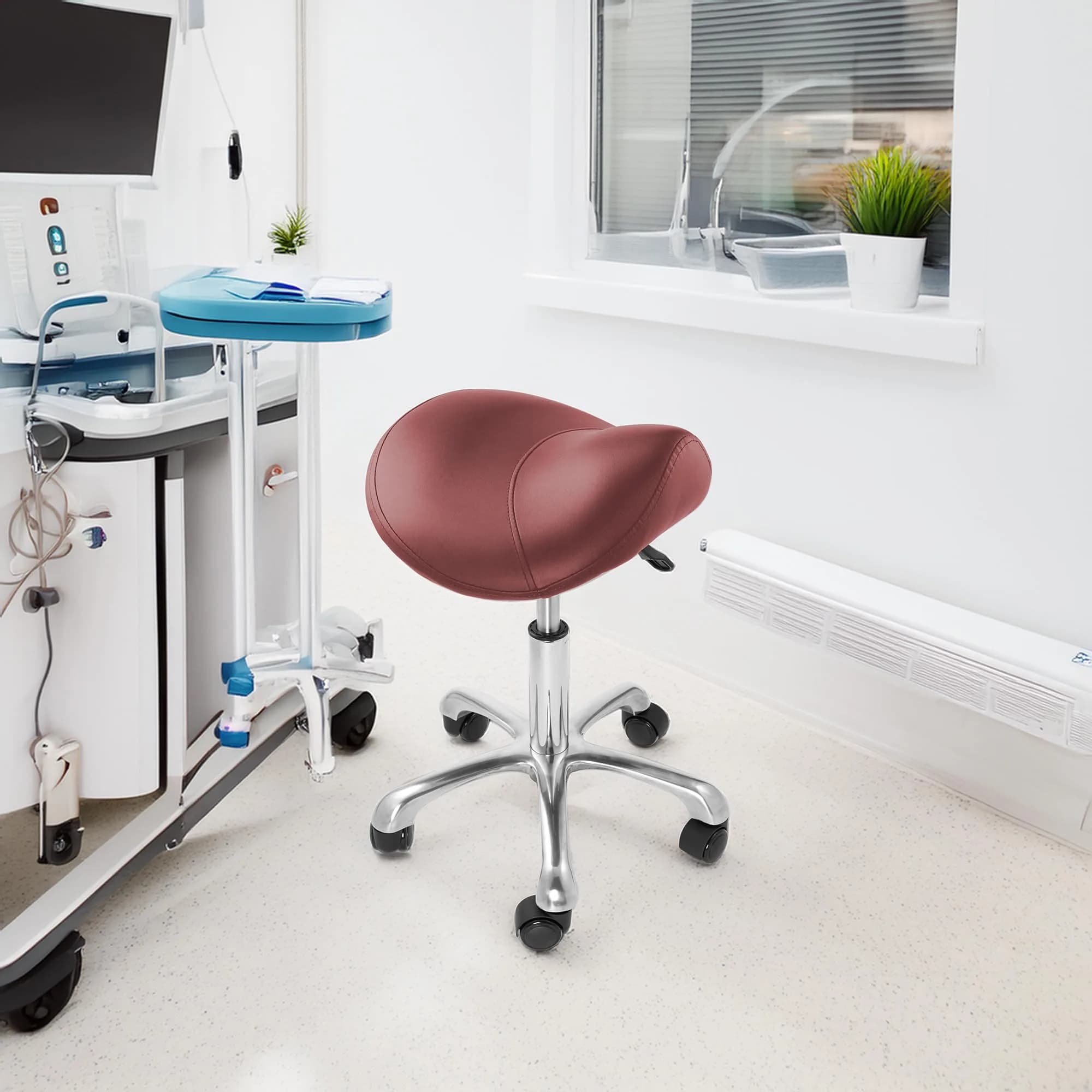 Saloniture Professional Ergonomic Saddle Stool Burgundy | 18-25.5" Height Adjustable Rolling Chair - view 7