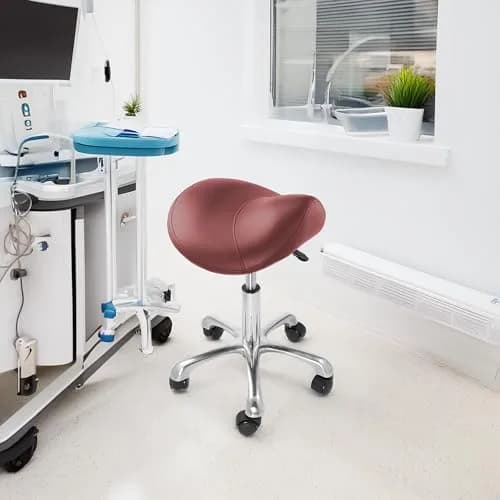 Saloniture Professional Ergonomic Saddle Stool Burgundy | 18-25.5" Height Adjustable Rolling Chair thumbnail 7