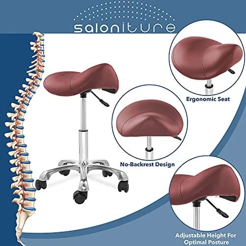 Saloniture Professional Ergonomic Saddle Stool Burgundy | 18-25.5" Height Adjustable Rolling Chair thumbnail 2