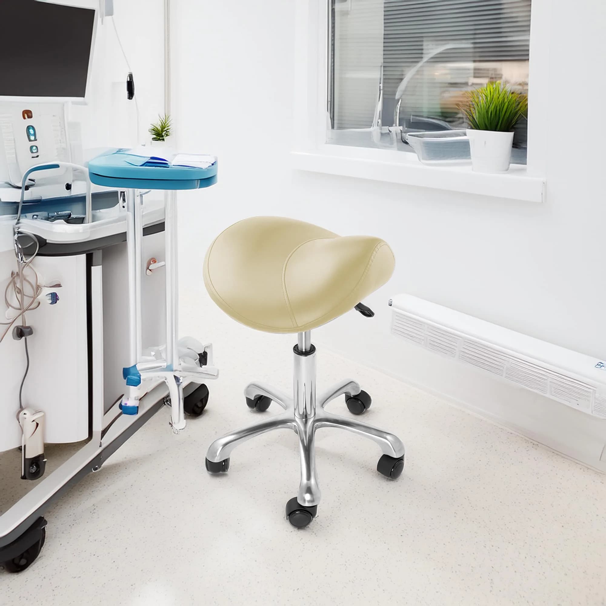 Saloniture Professional Ergonomic Saddle Stool Cream | 19.5cm (7.7in) Base Width, 25.5in (64.8cm) Max Height - view 7