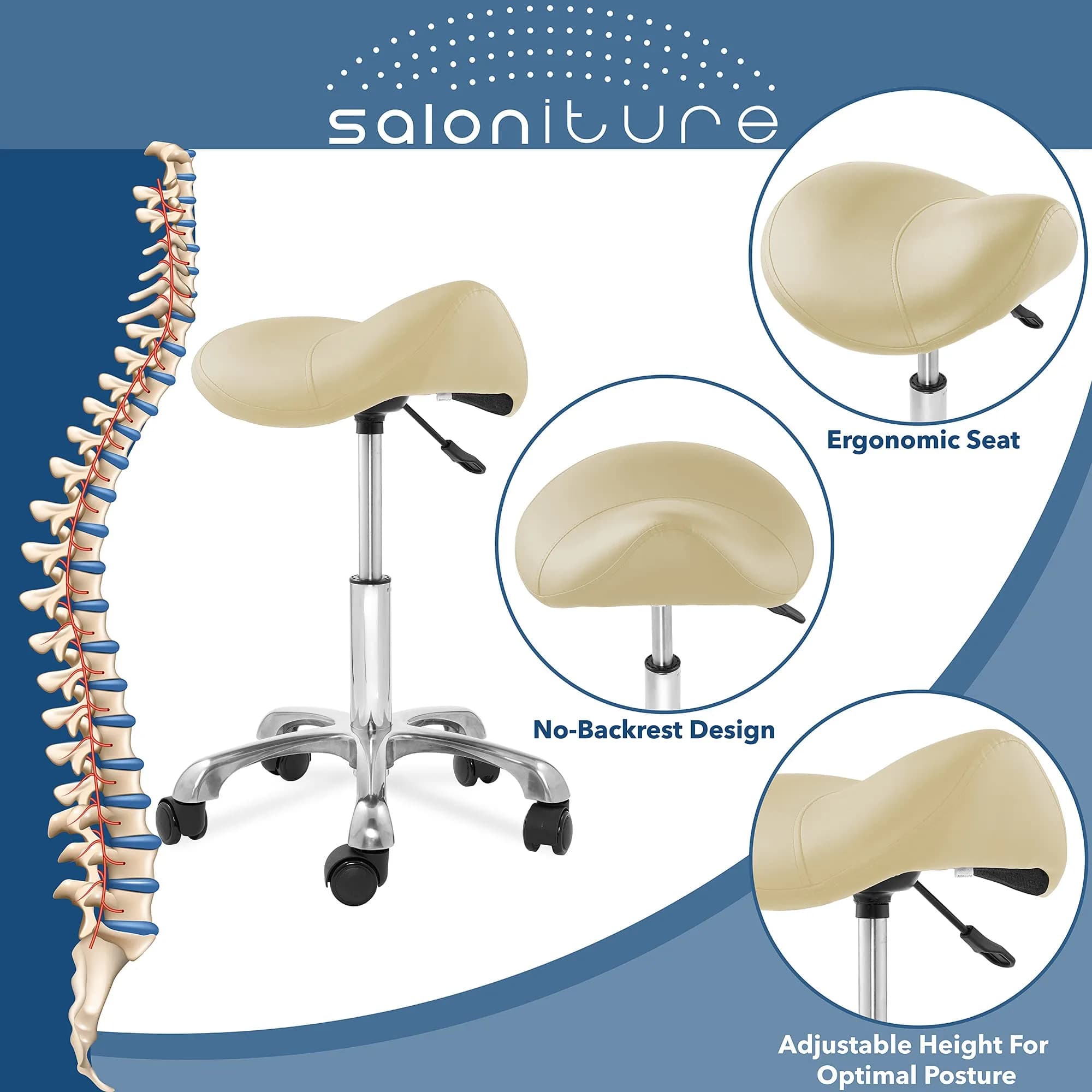 Saloniture Professional Ergonomic Saddle Stool Cream | 19.5cm (7.7in) Base Width, 25.5in (64.8cm) Max Height - view 2