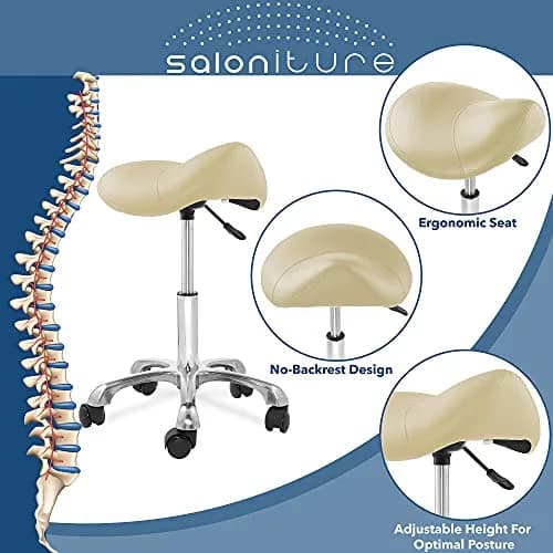 Saloniture Professional Ergonomic Saddle Stool Cream | 19.5cm (7.7in) Base Width, 25.5in (64.8cm) Max Height thumbnail 2