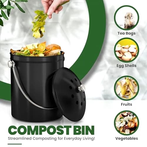 Utopia Kitchen Countertop Compost Bin 1.3 Gallon (4.9L) Stainless Steel Black | Odorless Kitchen Waste Composter thumbnail 4