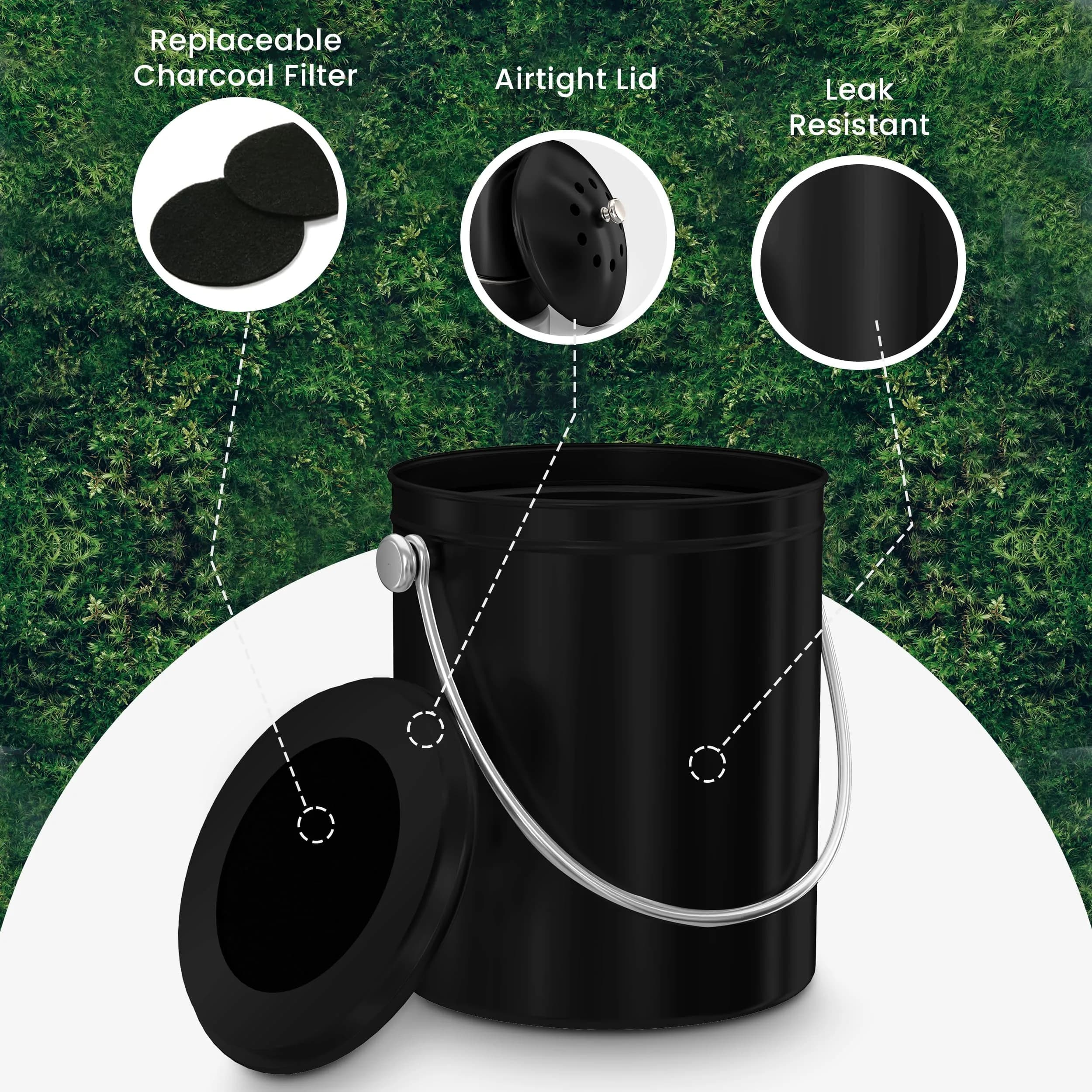 Utopia Kitchen Countertop Compost Bin 1.3 Gallon (4.9L) Stainless Steel Black | Odorless Kitchen Waste Composter - view 5