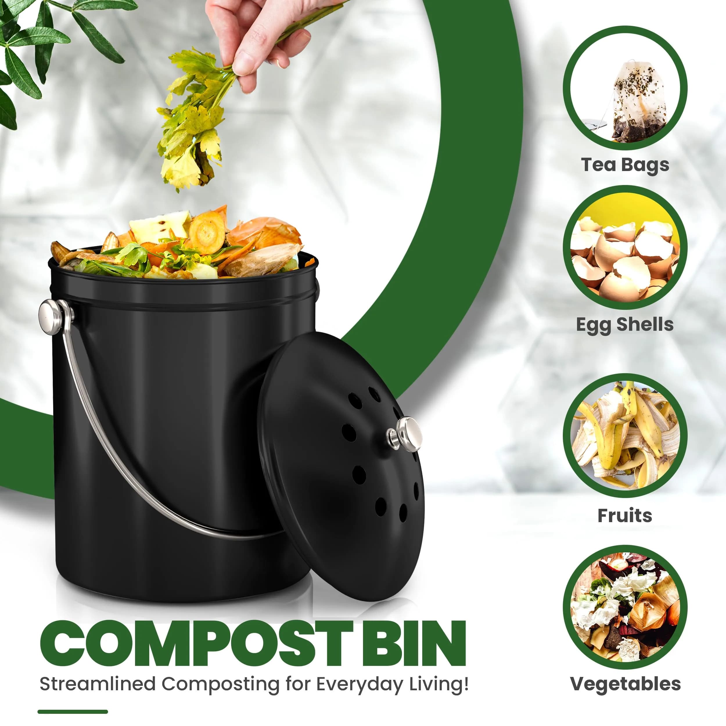Utopia Kitchen Countertop Compost Bin 1.3 Gallon (4.9L) Stainless Steel Black | Odorless Kitchen Waste Composter - view 4