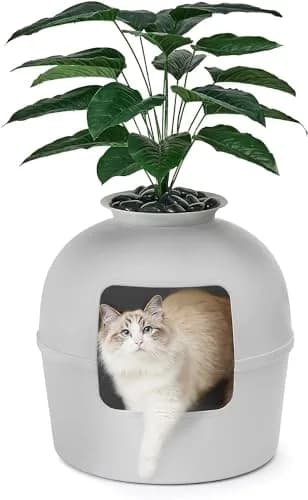 Bundle & Bliss Secret Litter Box - Hidden Cat Enclosure, Odor Control, Faux Plant, Carbon Filter, Real Stones, Soft Grey | Large thumbnail 1