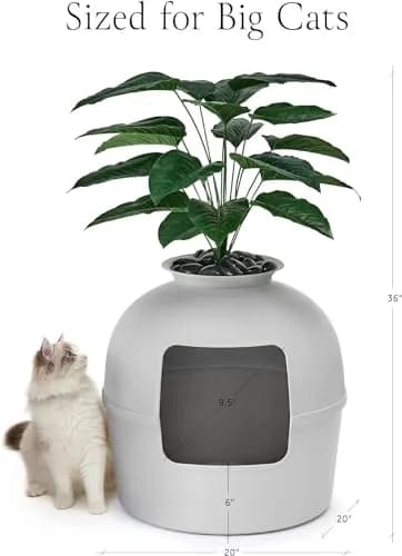 Bundle & Bliss Secret Litter Box - Hidden Cat Enclosure, Odor Control, Faux Plant, Carbon Filter, Real Stones, Soft Grey | Large thumbnail 6