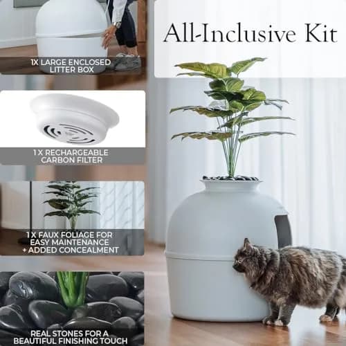 Bundle & Bliss Secret Litter Box - Hidden Cat Enclosure, Odor Control, Faux Plant, Carbon Filter, Real Stones, Soft Grey | Large thumbnail 7