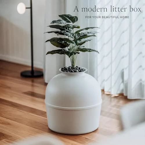 Bundle & Bliss Secret Litter Box - Hidden Cat Enclosure, Odor Control, Faux Plant, Carbon Filter, Real Stones, Soft Grey | Large thumbnail 2